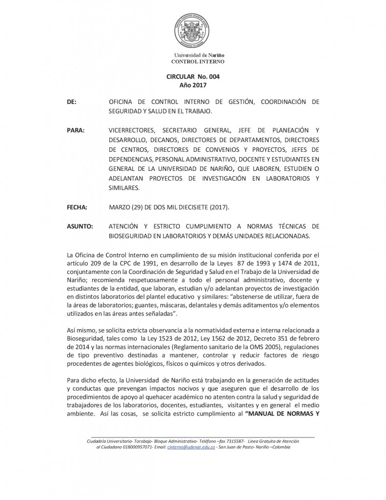 CIRCULAR 004 ESTRICTA OBSERVANCIA NORMAS DE BIOSEGURIDAD DEF-001
